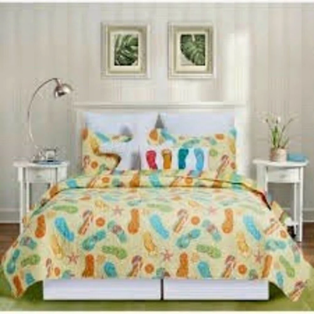 C & F Quilt Set Full/Queen Multicolor Coastal Flip Flop Beach W/Matching Shams